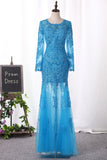 Mermaid Evening Dresses Long Sleeves Scoop Embellished Bodice With Applique Tulle