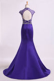 High Neck Mermaid Prom Dresses Beaded Bodice With Ruffles Satin