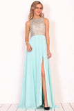 Prom Dresses Scoop Chiffon With Beads And Slit A Line Open Back