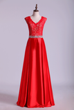 V-Neck Lace Bodice Prom Dresses Satin Beaded Waistline