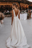 Fashion A Line V Neck Satin Wedding Dresses with Slit