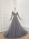 A Line Long Sleeves V Neck Gray Tulle Prom Dresses with Beading, Evening Dress SJS15549