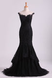 Mermaid Evening Dresses Bateau Tulle With Applique Sweep Train Color Black