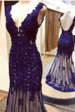 Open Back V Neck With Applique Evening Dresses Tulle & Beads