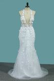 Wedding Dresses V Neck Mermaid Tulle With Applique And Handmade Flowers