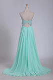 A Line Chiffon Sweetheart Open Back Beaded Bodice Prom Dresses