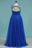 A Line Scoop Tulle With Beads And Ruffles Floor Length Prom Dresses