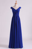 Off The Shoulder Evening Dresses A Line Ruched Bodice Chiffon Floor Length Dark Royal Blue