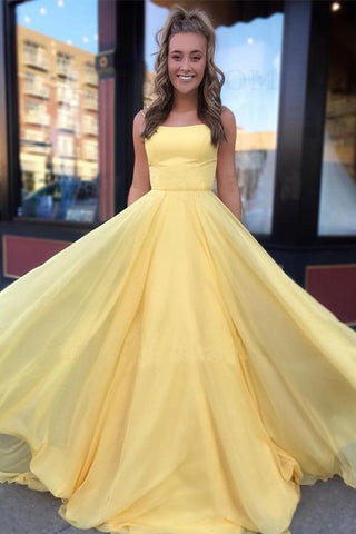 A Line Spaghetti Straps Daffodil Tulle Long Party Dresses, Lace up Formal SJS20383