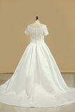 New Arrival Wedding Dresses V Neck Short Sleeves Satin A Line