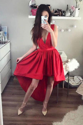 New Arrival V Neck Satin A Line Asymmetrical Prom Dresses