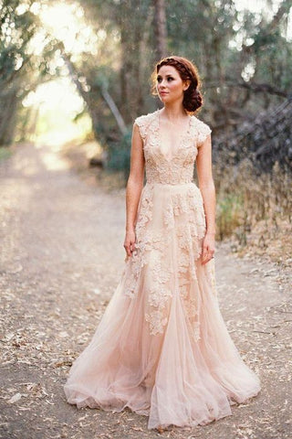 Long Tulle Vintage Romantic Unique A-Line Appliques Wedding Dresses