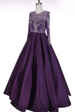 Long Sleeves Scoop Beaded Bodice Taffeta A Line Prom Dresses