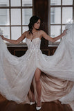 Gorgeous Spaghetti Straps A Line Slit Tulle Wedding Dresses