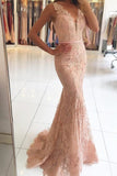 V Neck Prom Dresses Mermaid Lace With Applique And Sash Sweep Train