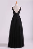 Black Bateau Evening Dresses Tulle With Applique & Beads Floor Length