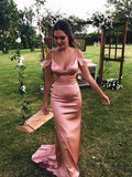 Unique Spaghetti Straps Pink Mermaid Prom Dresses Off the Shoulder Evening Formal Dresses SJS15468