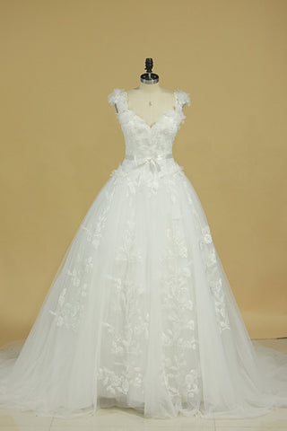 Tulle Wedding Dresses Off The Shoulder With Applique Sweep Train A Line