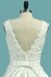 Wedding Dresses Deep V Back Scoop Satin With Applique Chapel Train