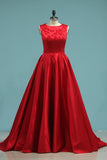 Satin A Line Scoop With Beading Sweep Train Prom Dresses