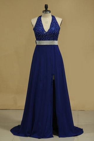 Prom Dresses A Line Halter Chiffon With Sash And Applique