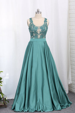 Prom Dresses A Line Scoop With Applique Satin Sweep Train