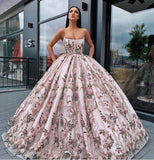 Princess Ball Gown Spaghetti Straps Beads Floral Print Prom Dresses Long Quinceanera Dress SJS15294