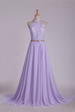 Prom Dresses A Line Halter Chiffon & Lace With Beading Sweep Train Open Back