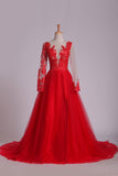 Scoop Prom Dresses Long Sleeves Tulle With Slit And Applique A Line