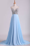 Prom Dresses V Neck Beaded Bodice Sweep Train Chiffon A Line