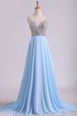 Prom Dresses V Neck Beaded Bodice Sweep Train Chiffon A Line