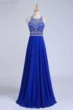 Halter A-Line/Princess Dark Royal Blue Prom Dresses Tulle And Chiffon Sweep Train