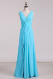 Bridesmaid Dresses V Neck Ruffled Bodice Chiffon Floor Length With Slit