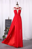 A Line Prom Dresses Chiffon Scoop With Ruffles And Applique