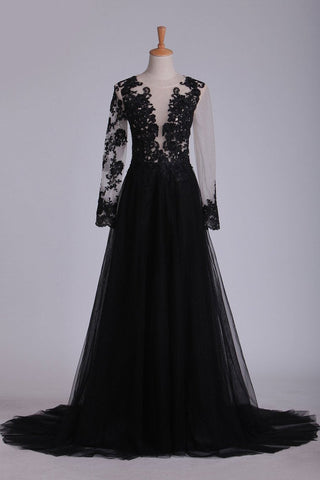 Prom Dresses Scoop Long Sleeves Tulle With Slit And Applique