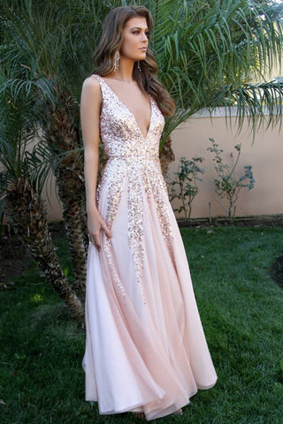 Deep V-Neck Pink A-Line Sparkly Long Prom Dresses Women Dresses