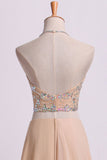 Sexy Prom Dresses Halter Two Pieces A Line With Flowing Chiffon Skirt Beaded