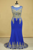 Dark Royal Blue Prom Dresses Scoop Mermaid With Applique Spandex Sweep Train Size 18W