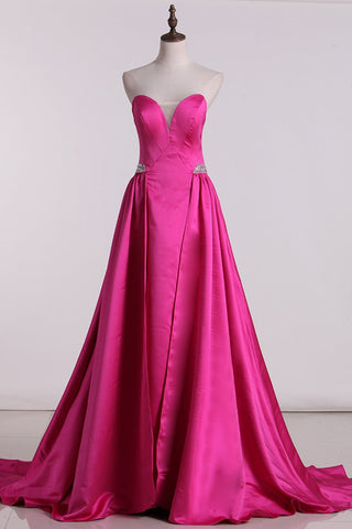 Sweetheart Prom Dresses Satin With Ruffles Beads Sweep Train