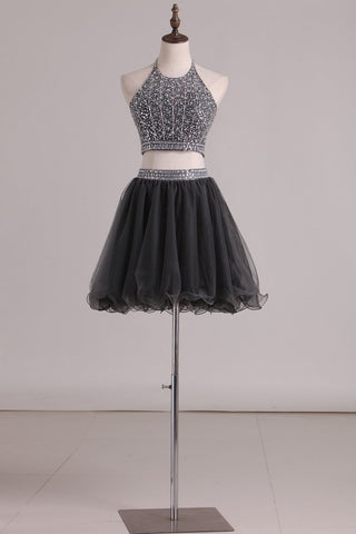 A Line Homecoming Dresses Halter Two-Piece Beaded Bodice Tulle Short/Mini