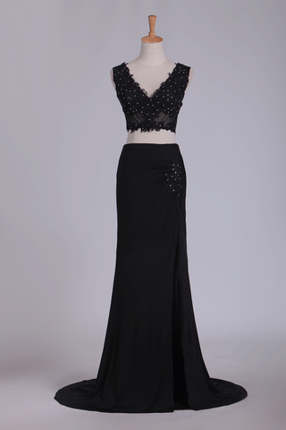 See-Through Prom Dresses V Neck Spandex Two-Piece With Applique And Slit