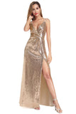 A Line Spaghetti Straps Sequins V Neck Backless Prom Dresses with Side Slit Formal Dress SJS15030