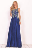 A Line Prom Dresses Scoop Chiffon With Beading Sweep Train