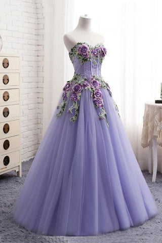 Elegant Strapless Sweetheart 3D Flowers Tahiti Prom Dresses Tulle Long Party Dresses SJS15205