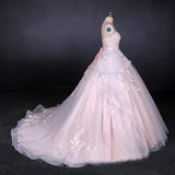 Ball Gown Strapless Sweetheart Wedding Dresses with Lace Applique, Tulle Prom Dresses SJS15070