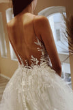 Elegant A Line V Neck Tulle Wedding Dresses with Appliques