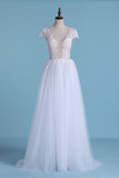 Sexy Beach Wedding Dresses A-Line V-Neck Floor-Length Tulle With Slit