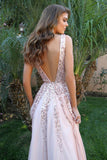 Deep V-Neck Pink A-Line Sparkly Long Prom Dresses Women Dresses