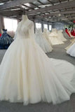 Ball Gown Wedding Dresses High Neck Long Sleeves Royal Train Tulle With Beading