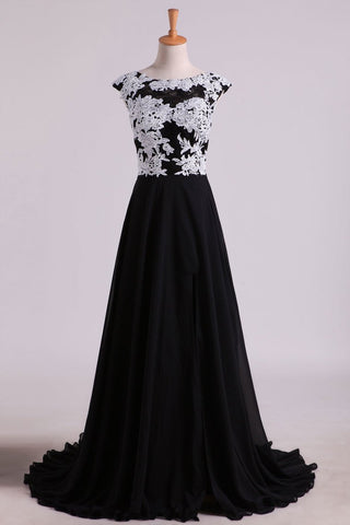 Prom Dresses A Line Scoop Open Back With Applique & Slit Sweep Train Chiffon